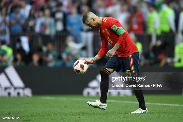 Serigo Ramos of Spain prepares to take a penalty during the 2018 FIFA World Cup Russia Round of 16 match between Spain and Russia at Luzhniki Stadium...