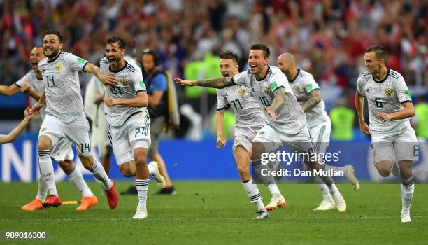 Russia players celebrate during the peanlty shoot out following the 2018 FIFA World Cup Russia Round of 16 match between Spain and Russia at Luzhniki...