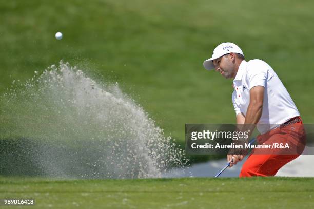 Sergio Garcia of Spain swings out of a bunker during The Open Qualifying Series part of the HNA Open de France at Le Golf National on July 1, 2018 in...