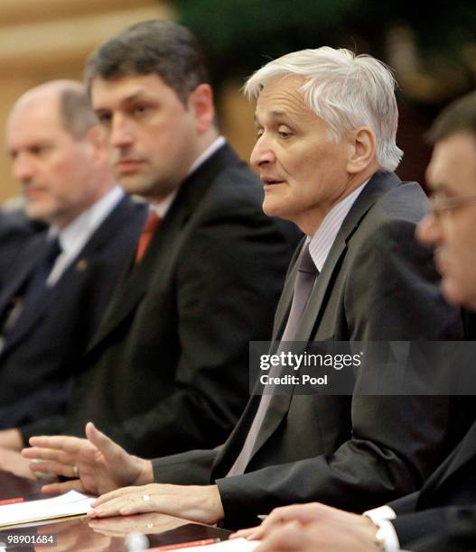 Bosnia's Prime Minister Nikola Spiric speaks during a meeting with China's Premier Wen Jiabao at the Great Hall of the People on May 7, 2010 in...