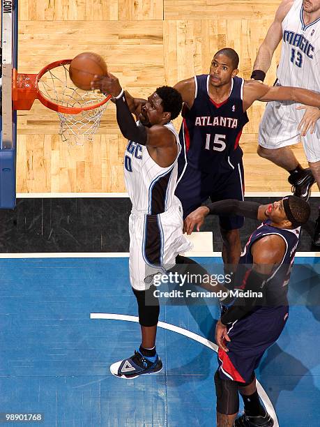 Mickael Pietrus of the Orlando Magic dunks against the Atlanta Hawks in Game Two of the Eastern Conference Semifinals during the 2010 NBA Playoffs on...