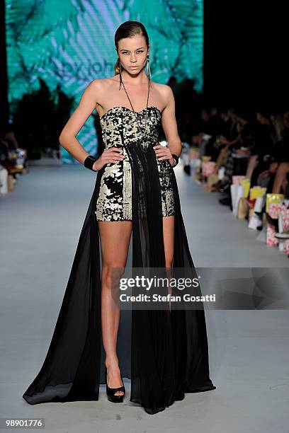 Model showcases designs on the catwalk by By Johnny during the New Generation collection show on the fifth and final day of Rosemount Australian...