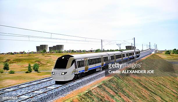 Picture from a video animation of the Gautrain, South Africa's first high-speed train on a test run, is pictured in Johannesburg on May 6, 2010. The...