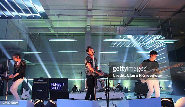 Fenech-Soler perform on stage during a recording of the 'Evo Music Rooms' for Channel 4, in association with Punto Evo, at The Old Sorting Office on...