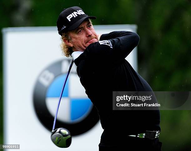 Miguel Angel Jimenez of Spain plays his tee shot on the 11th hole during the second round of the BMW Italian Open at Royal Park I Roveri on May 7,...