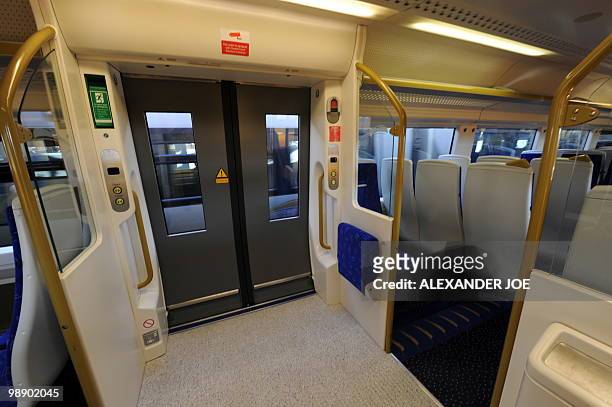 The carriage doors of the Gautrain, South Africa's first high-speed train, are pictured in Johannesburg on May 6, 2010. The line will open on June 8...
