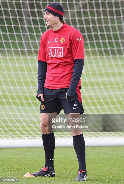 Dimitar Berbatov of Manchester United in action during a First Team Training Session at Carrington Training Ground on May 7 2010 in Manchester,...