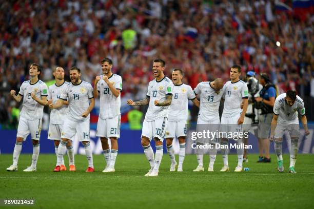 Russia players celebrate during the peanlty shoot out following the 2018 FIFA World Cup Russia Round of 16 match between Spain and Russia at Luzhniki...