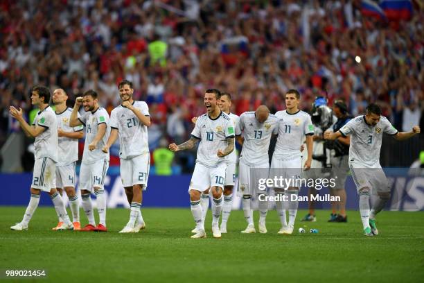 Russia players celebrate during the peanlty shoot out following the 2018 FIFA World Cup Russia Round of 16 match between Spain and Russia at Luzhniki...