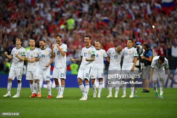 Russia players celebrate during the penalty shoot out following the 2018 FIFA World Cup Russia Round of 16 match between Spain and Russia at Luzhniki...