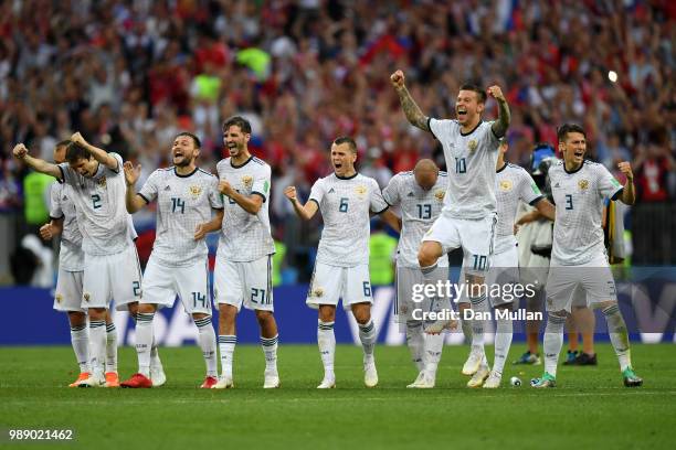 Russia players celebrate during the penalty shoot out following the 2018 FIFA World Cup Russia Round of 16 match between Spain and Russia at Luzhniki...