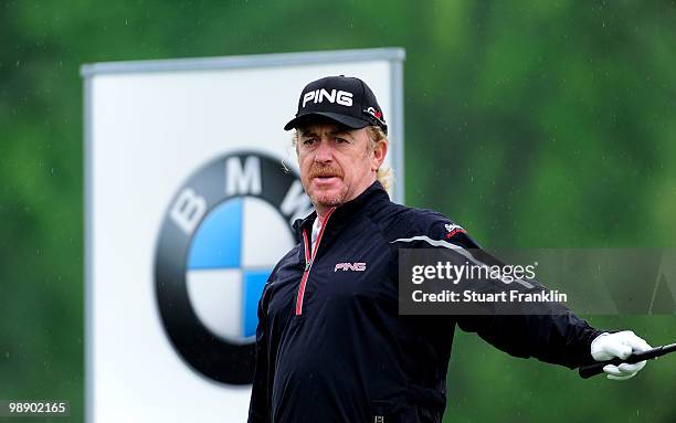 Miguel Angel Jimenez of Spain gestures during the second round of the BMW Italian Open at Royal Park I Roveri on May 7, 2010 in Turin, Italy.