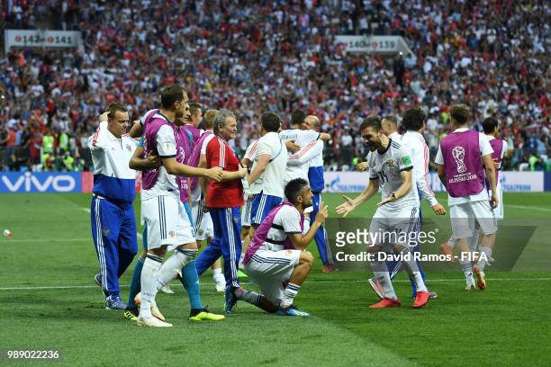 Russia players celebrate following their sides victory in the 2018 FIFA World Cup Russia Round of 16 match between Spain and Russia at Luzhniki...