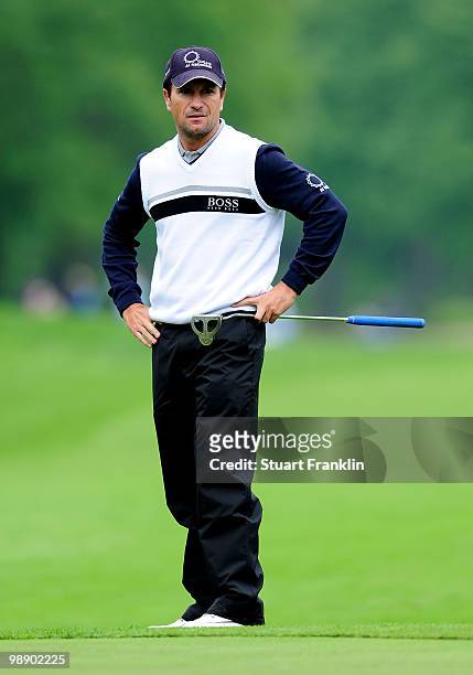 Steve Webster of England reacts to his putt on the eighth hole during the second round of the BMW Italian Open at Royal Park I Roveri on May 7, 2010...
