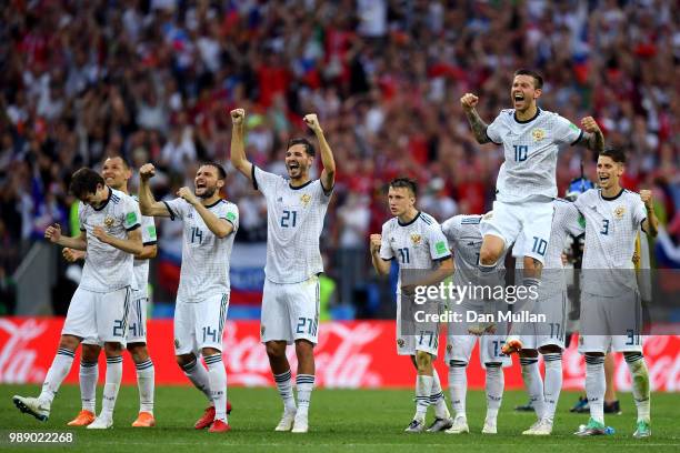 Russia players celebrate during the penalty shoot out following the 2018 FIFA World Cup Russia Round of 16 match between Spain and Russia at Luzhniki...