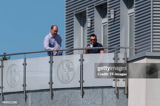 Sporting director Axel Schuster of Schalke and Manager Christian Heidel of Schalke look on during the FC Schalke 04 team presentation on July 1, 2018...