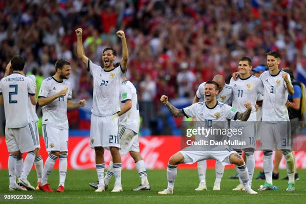 Russia players celebrate during the penalty shoot out following the 2018 FIFA World Cup Russia Round of 16 match between Spain and Russia at Luzhniki...