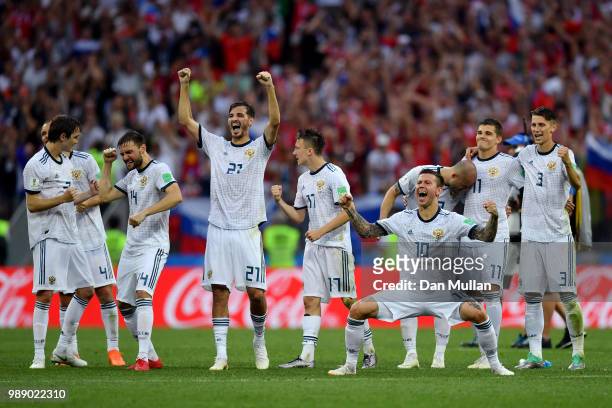 Russia players celebrate during the penalty shoot out following the 2018 FIFA World Cup Russia Round of 16 match between Spain and Russia at Luzhniki...