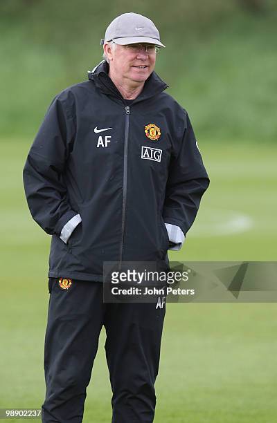 Sir Alex Ferguson of Manchester United in action during a First Team Training Session at Carrington Training Ground on May 7 2010 in Manchester,...