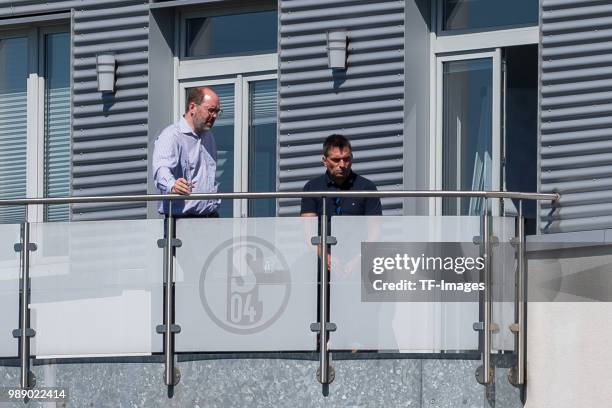 Sporting director Axel Schuster of Schalke and Manager Christian Heidel of Schalke look on during the FC Schalke 04 team presentation on July 1, 2018...