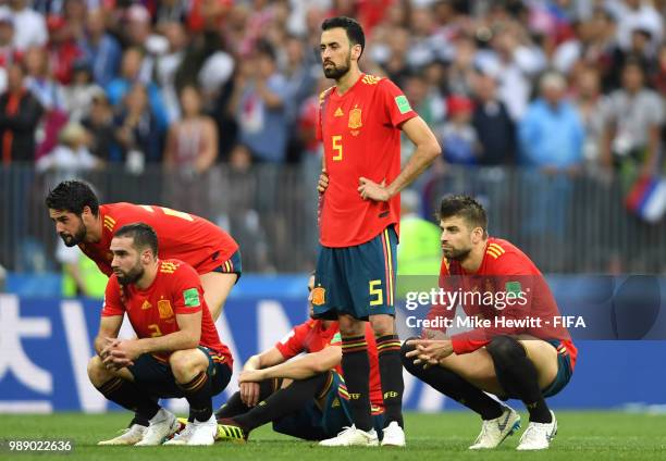 Sergio Busquets of Spain looks dejected following his sides defeat in the 2018 FIFA World Cup Russia Round of 16 match between Spain and Russia at...