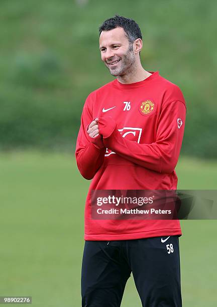 Ryan Giggs of Manchester United in action during a First Team Training Session at Carrington Training Ground on May 7 2010, in Manchester, England.