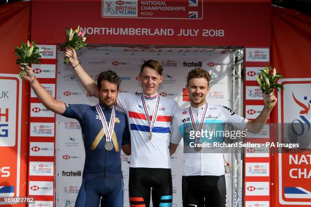Aqua Blue Sport's Adam Blythe , Madison Genesis' Connor Swift and Team Sky's Owain Doull MBE on the podium after the mens HSBC UK National Road...