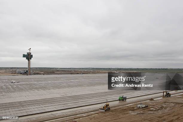 The new control tower and airfield are pictured during the roofing ceremony at the construction site of the new Airport Berlin Brandenburg...