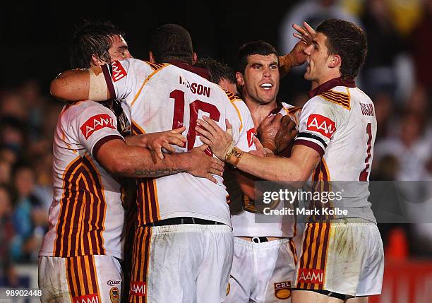 The Country team celebrate after a try during the ARL Origin match between Country and City at Regional Sports Stadium on May 7, 2010 in Port...