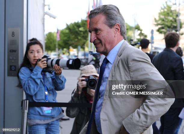 Commissioner and CDU member Gunther Oettinger arrives for a party leadership meeting at the CDU headquarters in Berlin, on July 1, 2018. - Chancellor...