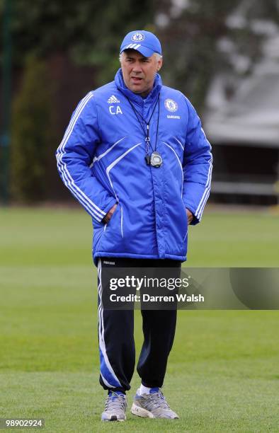 Chelsea manager Carlo Ancelotti during a training session at the Cobham Training Ground on May 7, 2010 in Cobham, England.