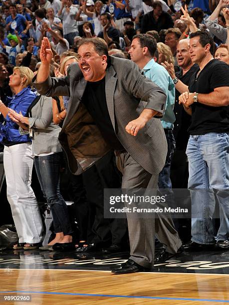 Head coach Stan Van Gundy of the Orlando Magic reacts during play against the Atlanta Hawks in Game Two of the Eastern Conference Semifinals during...