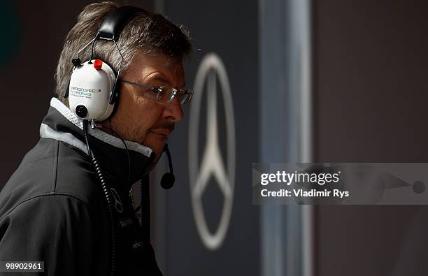 Mercedes GP Team Principal Ross Brawn is seen during practice for the Spanish Formula One Grand Prix at the Circuit de Catalunya on May 7, 2010 in...