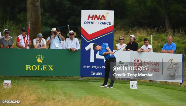 Marcus Kinhult of Sweden plays his first shot on the 14th tee during final round of the HNA Open de France at Le Golf National on July 1, 2018 in...