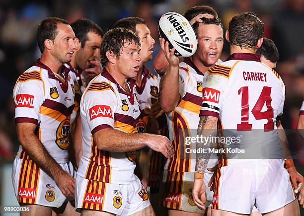 Dean Young of Country celebrates with bhis team mates after scoring a try during the ARL Origin match between Country and City at Regional Sports...