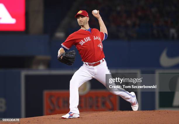 Happ of the Toronto Blue Jays delivers a pitch in the first inning during MLB game action against the Detroit Tigers at Rogers Centre on July 1, 2018...