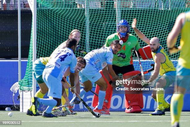 Lalit Upadhyay of India, Jeremy Hayward of Australia, Matthew Swann of Australia during the Champions Trophy match between Australia v India at the...