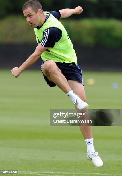 Joe Cole of Chelsea in action during a training session at the Cobham Training Ground on May 7, 2010 in Cobham, England.
