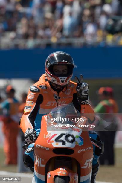 Hector Barbera of Spain and Pons HP40 greets the fans at the end of the Moto2 race during the MotoGP Netherlands - Race on July 1, 2018 in Assen,...
