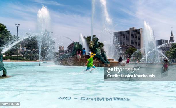 Visitors try to cool off in a downtown fountain in sweltering heat on July 1, 2018 in Philadelphia, Pennsylvania. An excessive heat warning has been...