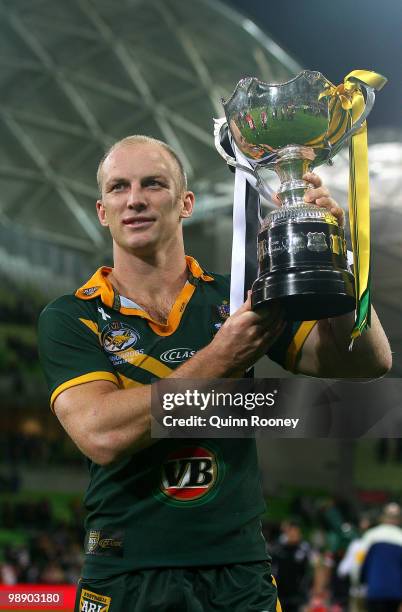 Darren Lockyer of the Kangaroos holds up the trophy after winning the ARL Test match between the Australian Kangaroos and the New Zealand Kiwis at...