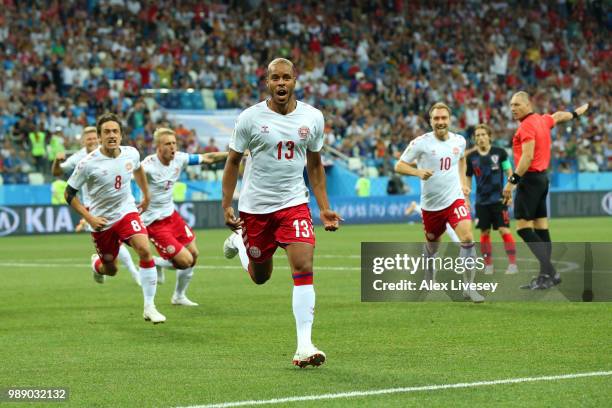 Mathias Jorgensen of Denmark celebrates after scoring his team's first goal during the 2018 FIFA World Cup Russia Round of 16 match between Croatia...