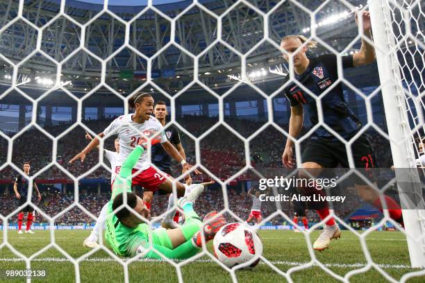 Mathias Jorgensen of Denmark scores his team's first goal past Danijel Subasic of Croatia during the 2018 FIFA World Cup Russia Round of 16 match...