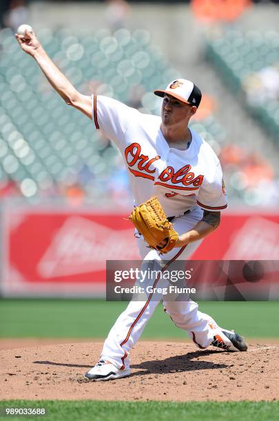 Kevin Gausman of the Baltimore Orioles pitches in the second inning against the Los Angeles Angels at Oriole Park at Camden Yards on July 1, 2018 in...