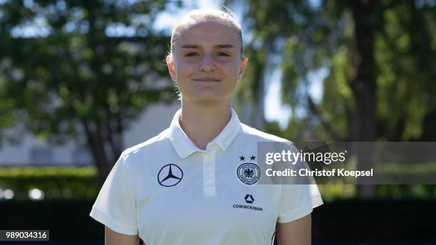 Lisa Schoeppl poses during the Germany Women's U20 Team Presentation at Sport Centrum Kamen-Kaiserau on July 1, 2018 in Kamen, Germany.