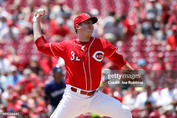 Matt Harvey of the Cincinnati Reds pitches in the first inning against the Milwaukee Brewers at Great American Ball Park on July 1, 2018 in...