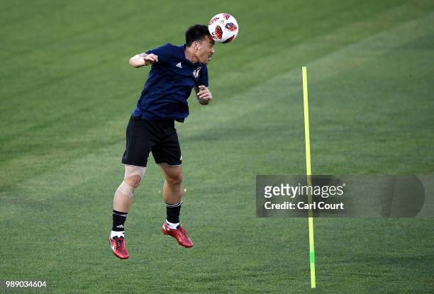 Shinji Okazaki in action during the Japan training ahead of the 2018 FIFA World Cup Round of 16 match against Belgium at Rostov Arena on July 1, 2018...