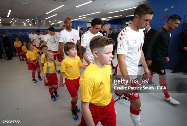 Denmark team walk out of the tunnel to the pitch ahead of the 2018 FIFA World Cup Russia Round of 16 match between Croatia and Denmark at Nizhny...