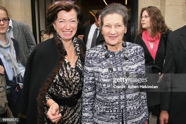 Anne-Marie Couderc and Simone Veil leave les 'Etats Generaux de la Femme' at Sciences Po Paris on May 7, 2010 in Paris, France.