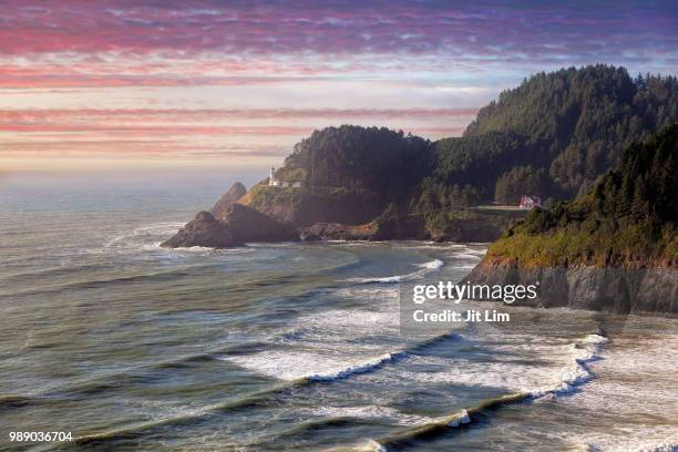 heceta head lighthouse at sunset - heceta head stock pictures, royalty-free photos & images